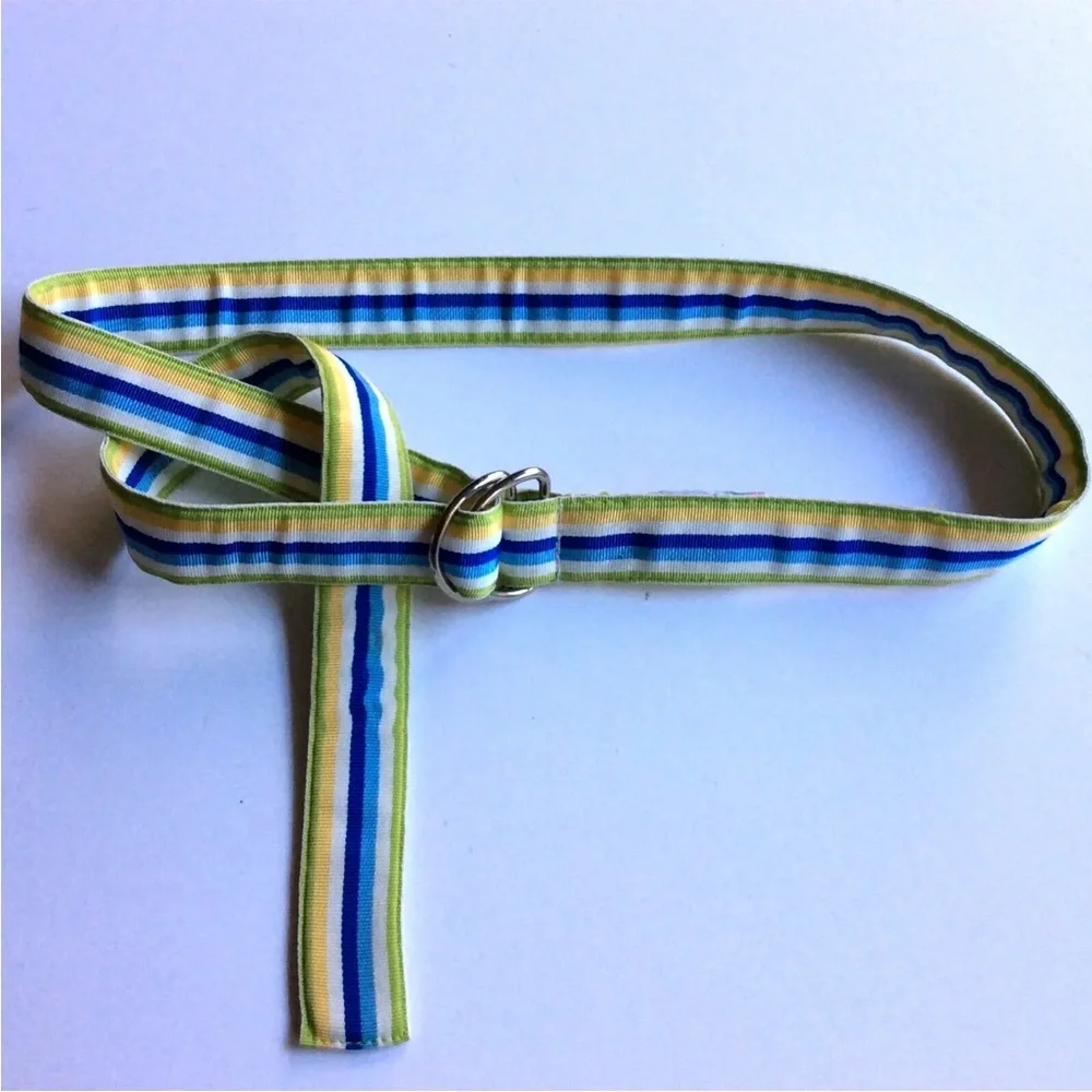 Molly B. D Ring Striped Ribbon Belt Green Yellow and Blue Youth M/L
